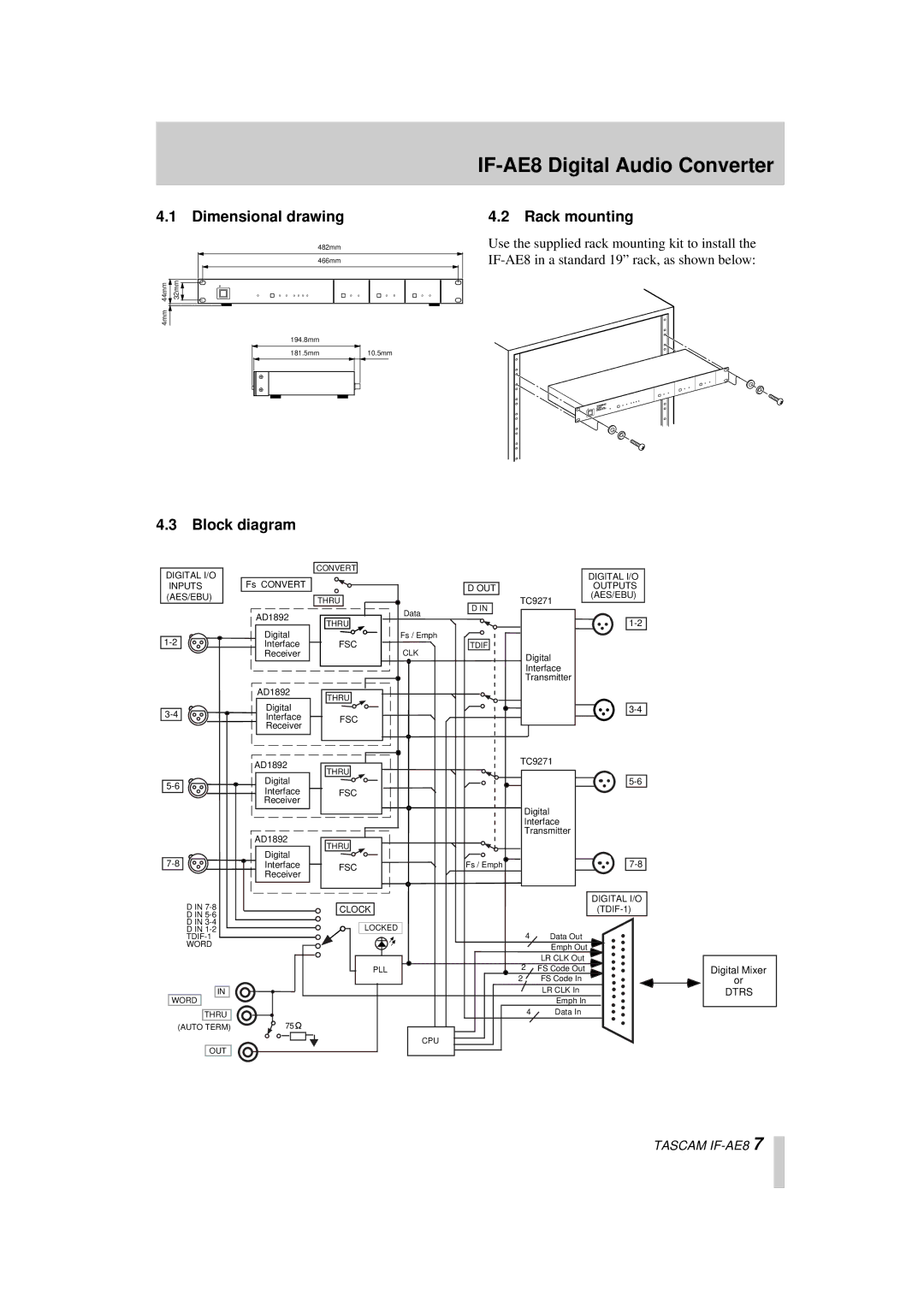 Tascam IF-AE8 owner manual Dimensional drawing, Rack mounting, Block diagram 