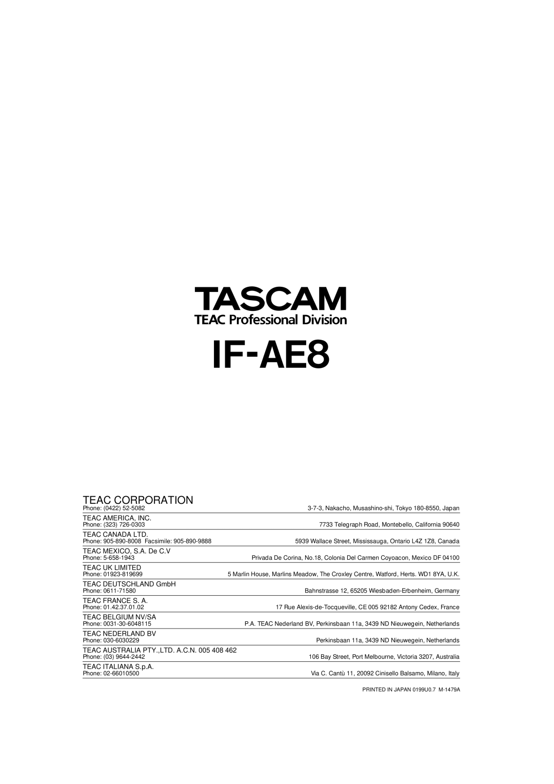 Tascam IF-AE8 owner manual 