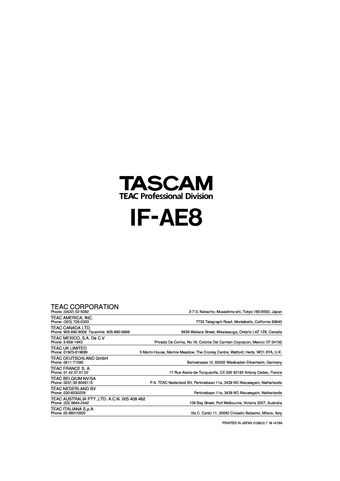 Tascam IF-AE8 owner manual Teac Corporation 