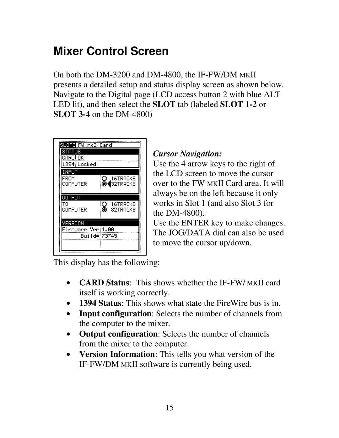 Tascam IF-FW, IF-DM owner manual Mixer Control Screen, Cursor Navigation 