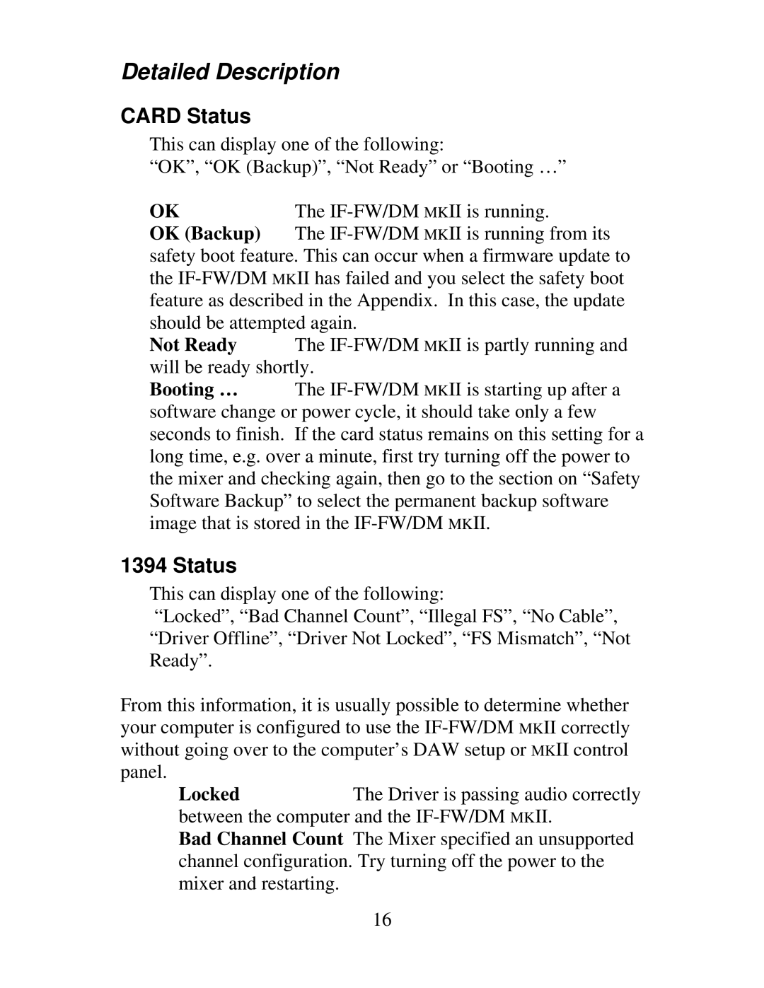 Tascam IF-DM, IF-FW owner manual Detailed Description, Card Status 