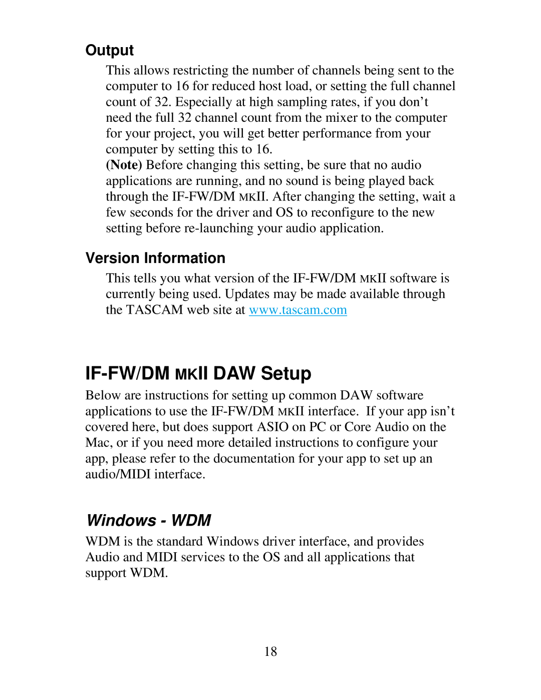 Tascam IF-DM owner manual IF-FW/DM Mkii DAW Setup, Windows WDM, Output, Version Information 