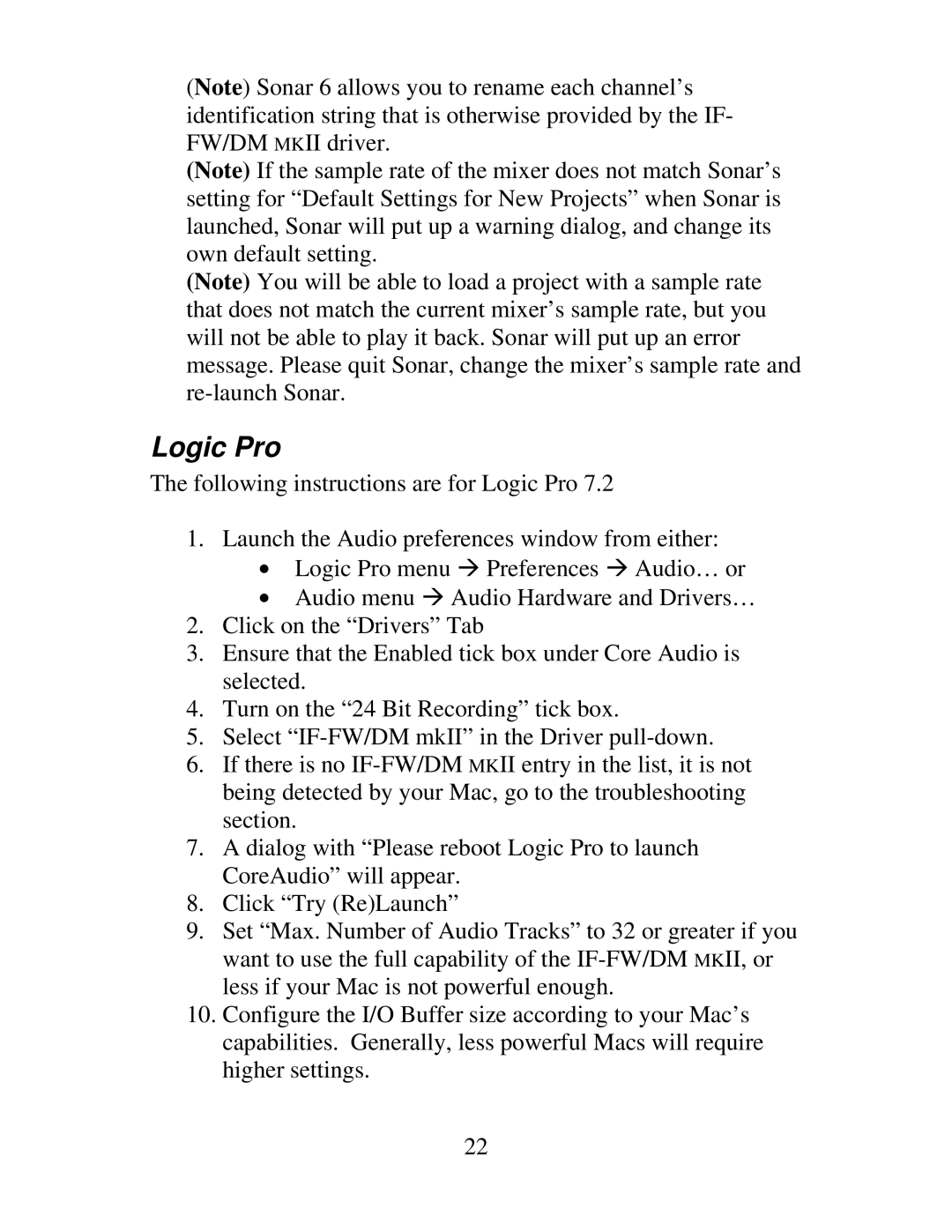 Tascam IF-DM, IF-FW owner manual Logic Pro 