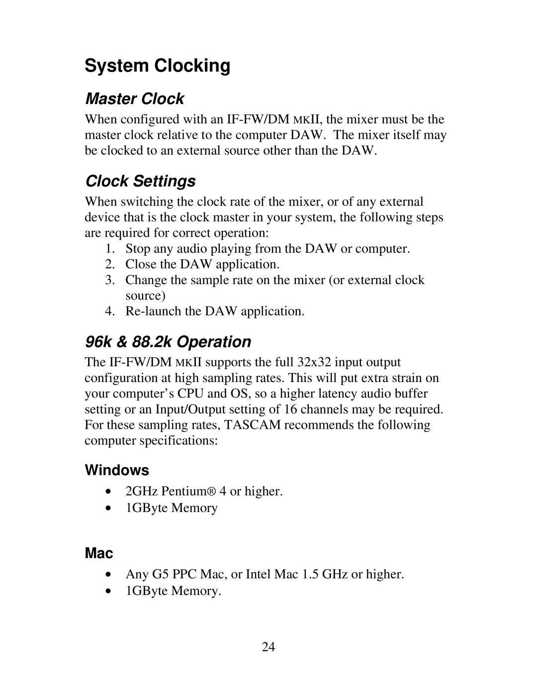 Tascam IF-DM, IF-FW owner manual System Clocking, Master Clock, Clock Settings, 96k & 88.2k Operation, Mac 