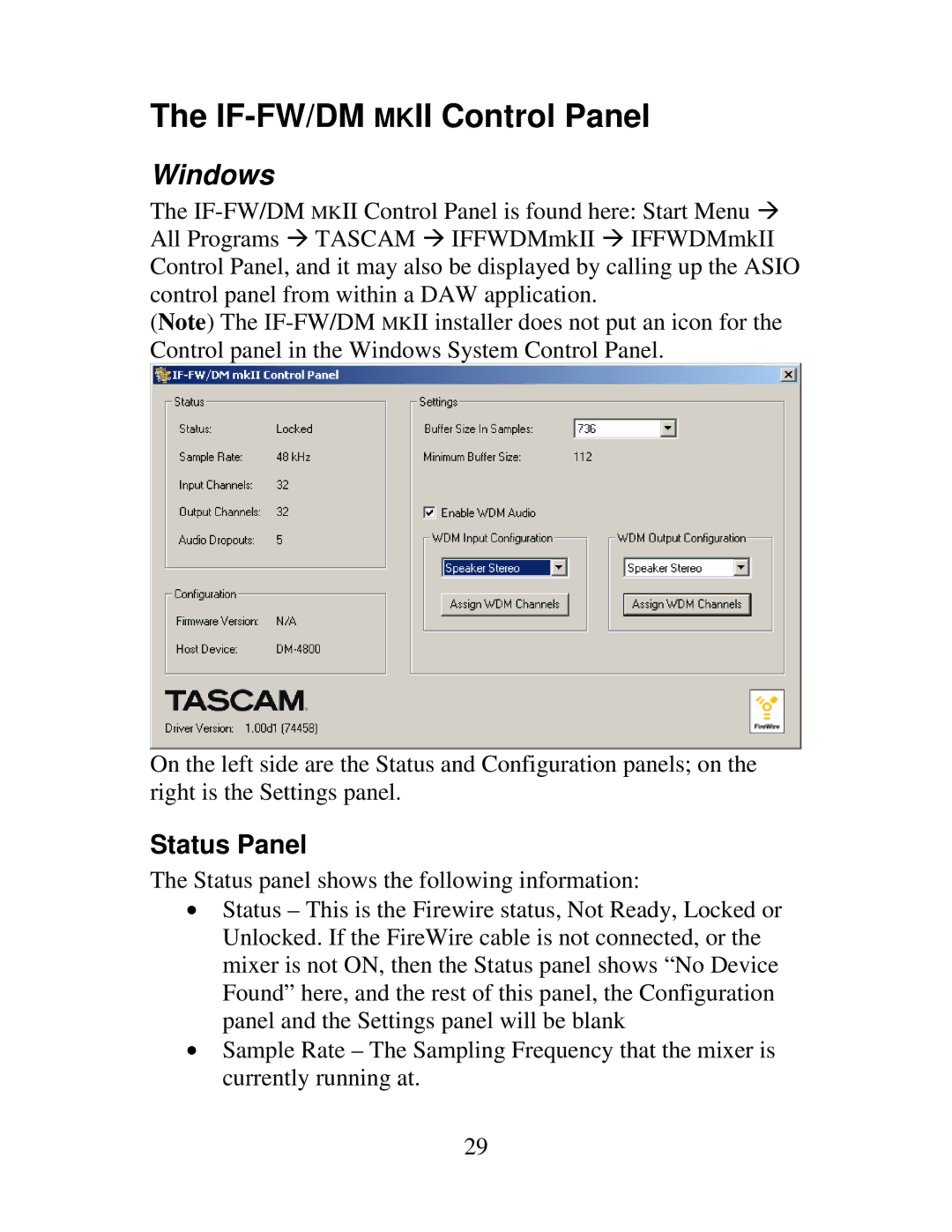 Tascam IF-DM owner manual IF-FW/DM Mkii Control Panel, Windows, Status Panel 