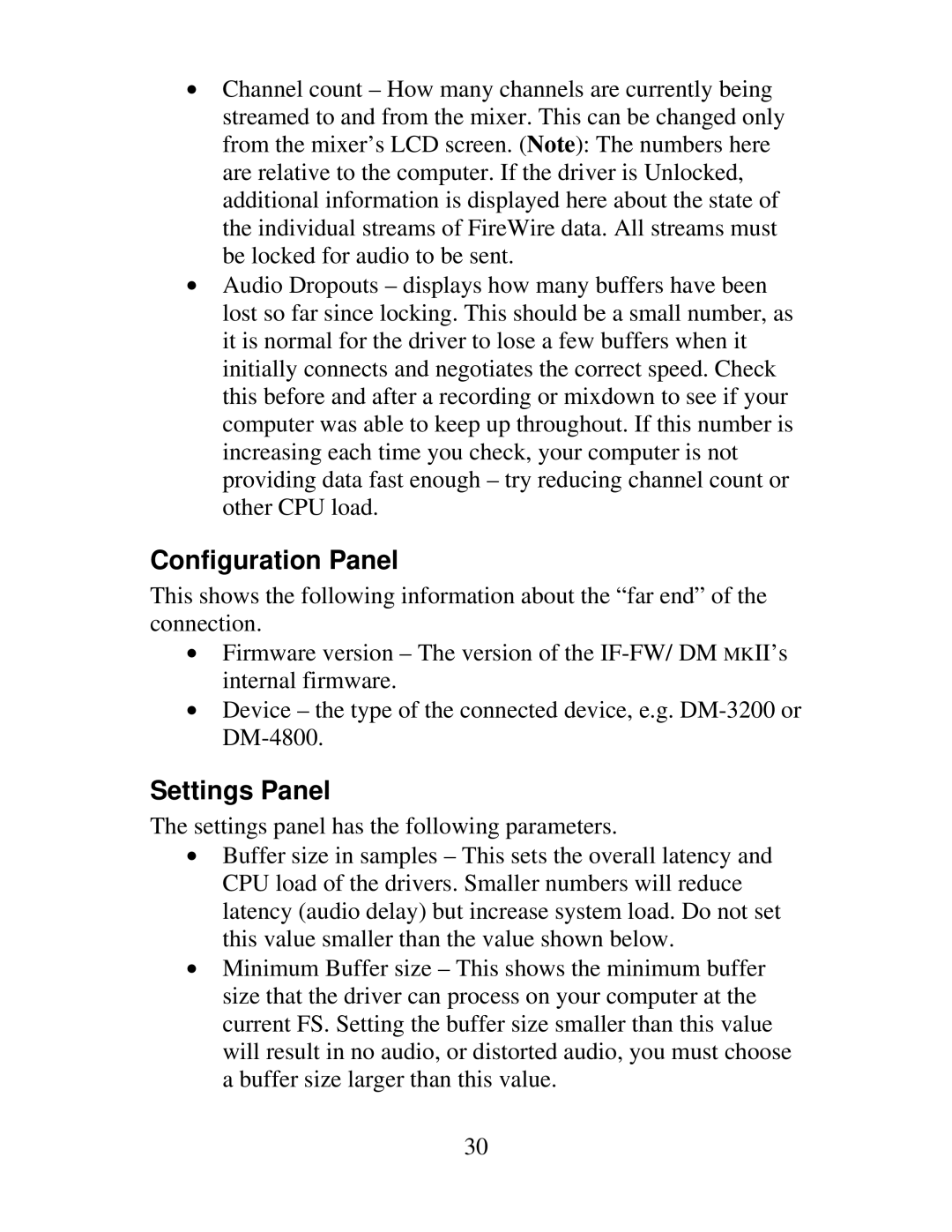 Tascam IF-DM, IF-FW owner manual Configuration Panel, Settings Panel 