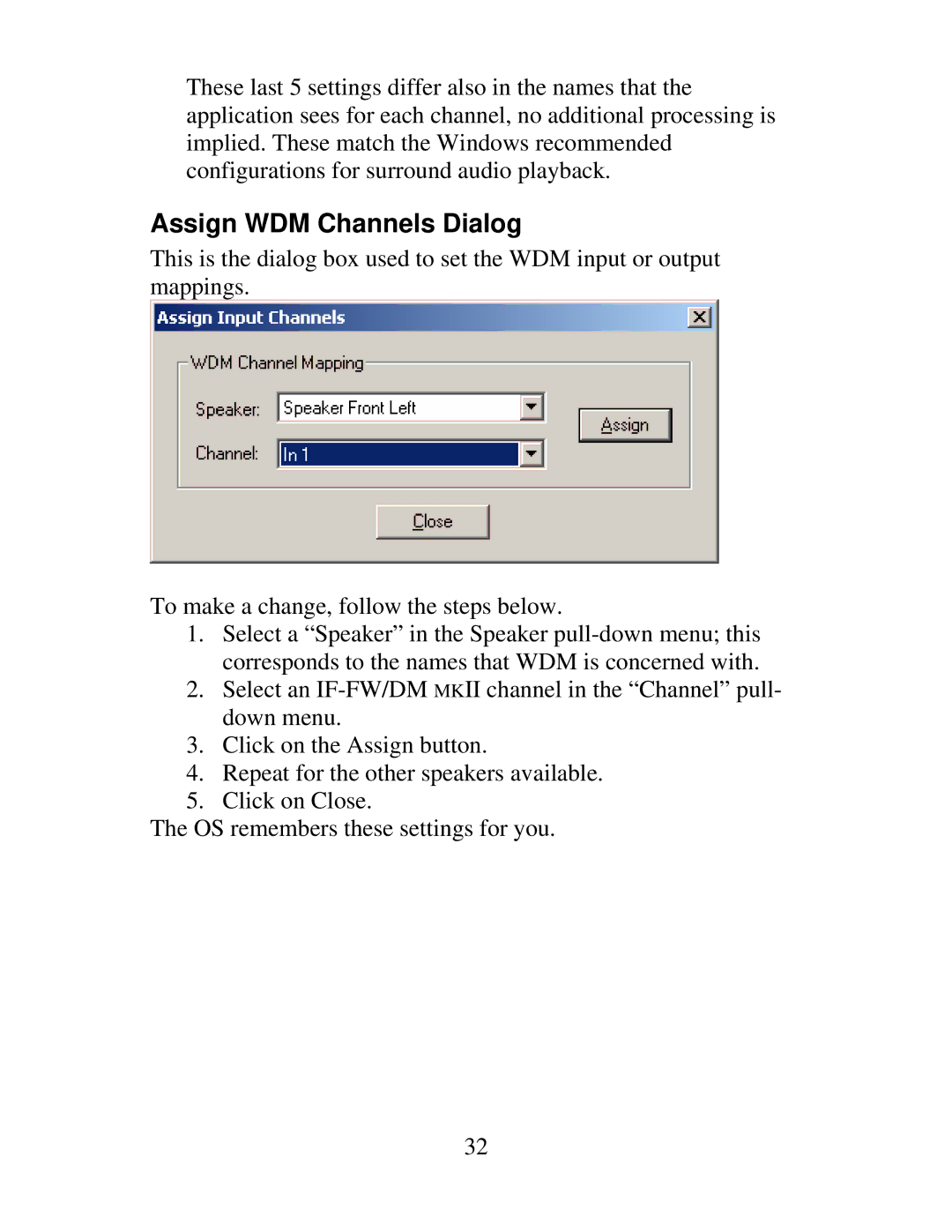 Tascam IF-DM, IF-FW owner manual Assign WDM Channels Dialog 