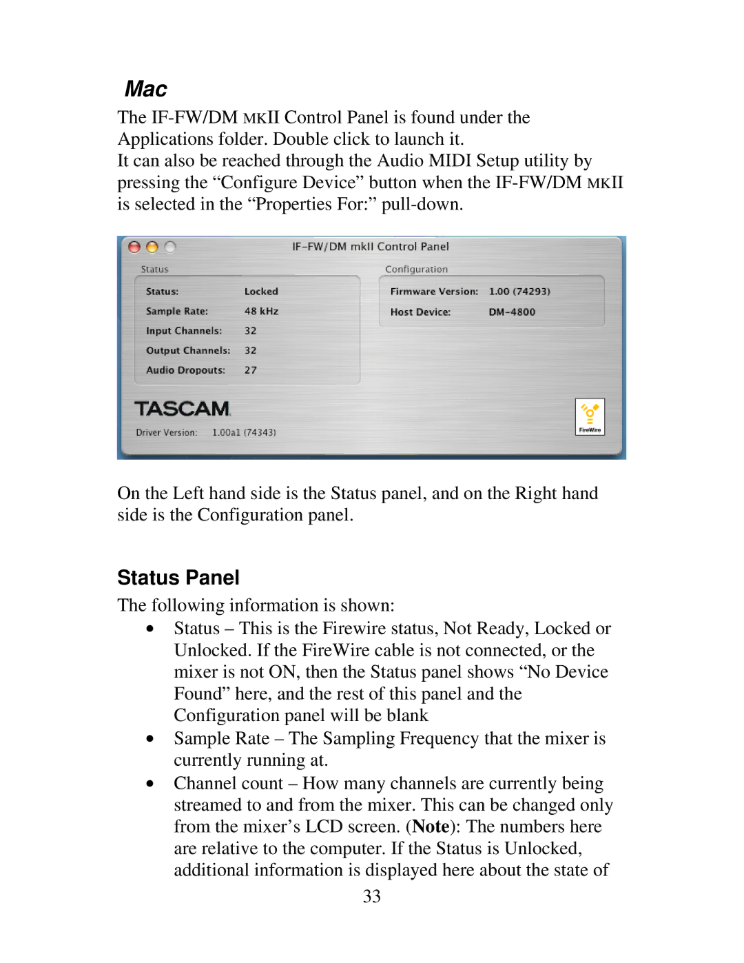 Tascam IF-FW, IF-DM owner manual Mac, Status Panel 