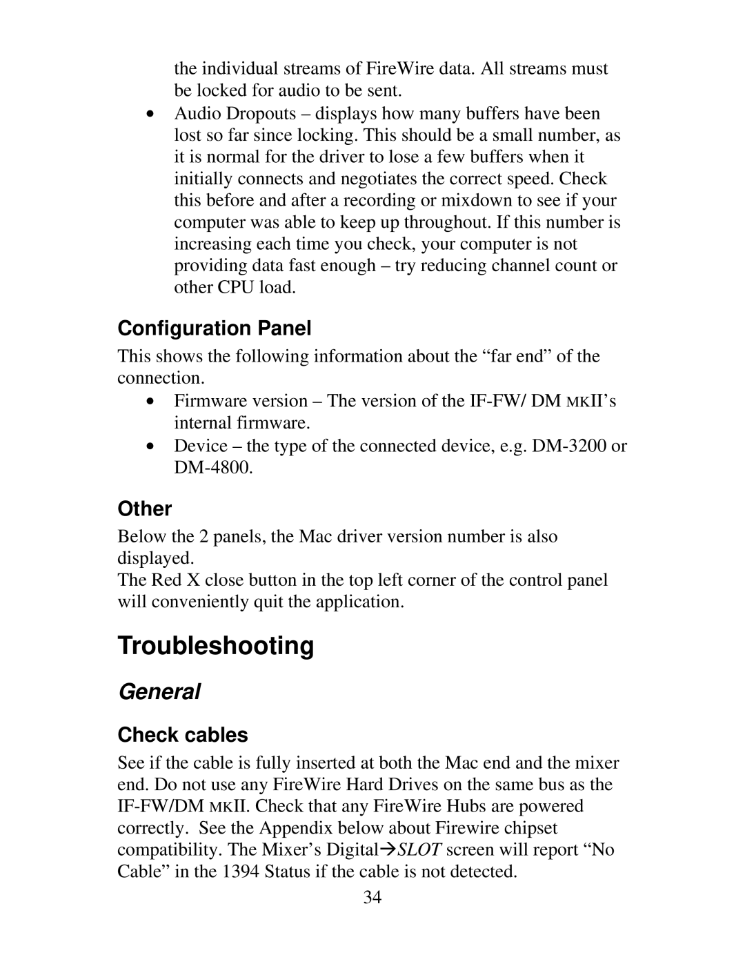 Tascam IF-DM, IF-FW owner manual Troubleshooting, General, Check cables 