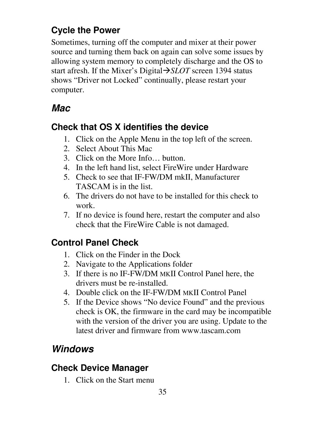 Tascam IF-FW, IF-DM Cycle the Power, Check that OS X identifies the device, Control Panel Check, Check Device Manager 