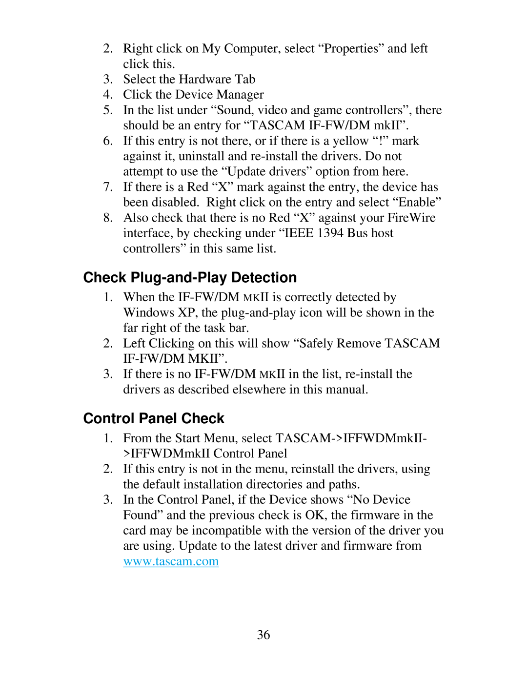 Tascam IF-DM, IF-FW owner manual Check Plug-and-Play Detection 