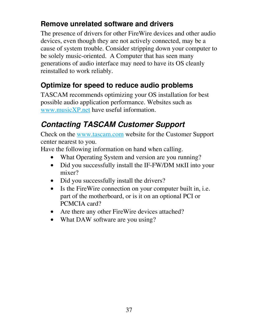 Tascam IF-FW, IF-DM owner manual Contacting Tascam Customer Support, Remove unrelated software and drivers 