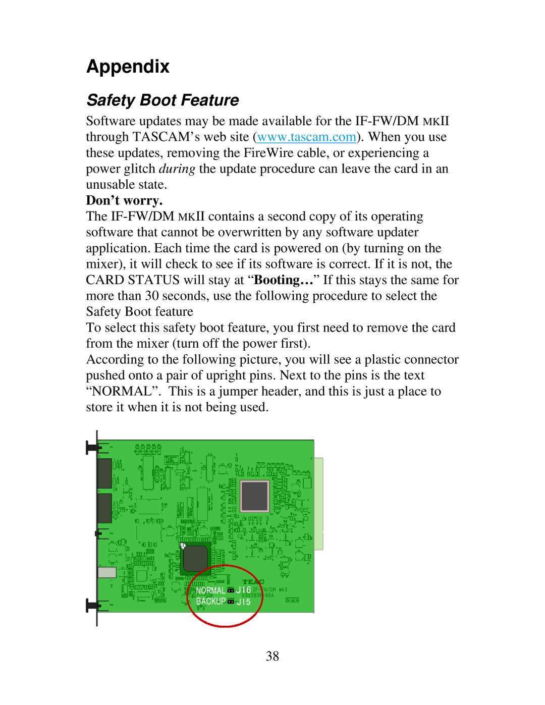 Tascam IF-DM, IF-FW owner manual Appendix, Safety Boot Feature 