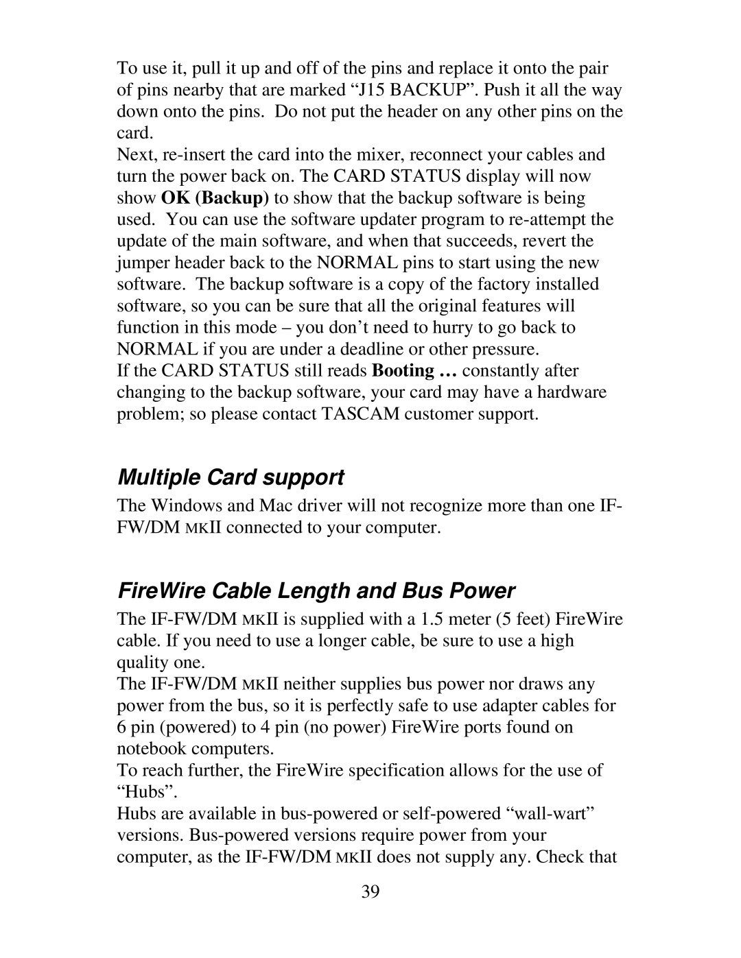 Tascam IF-FW, IF-DM owner manual Multiple Card support, FireWire Cable Length and Bus Power 