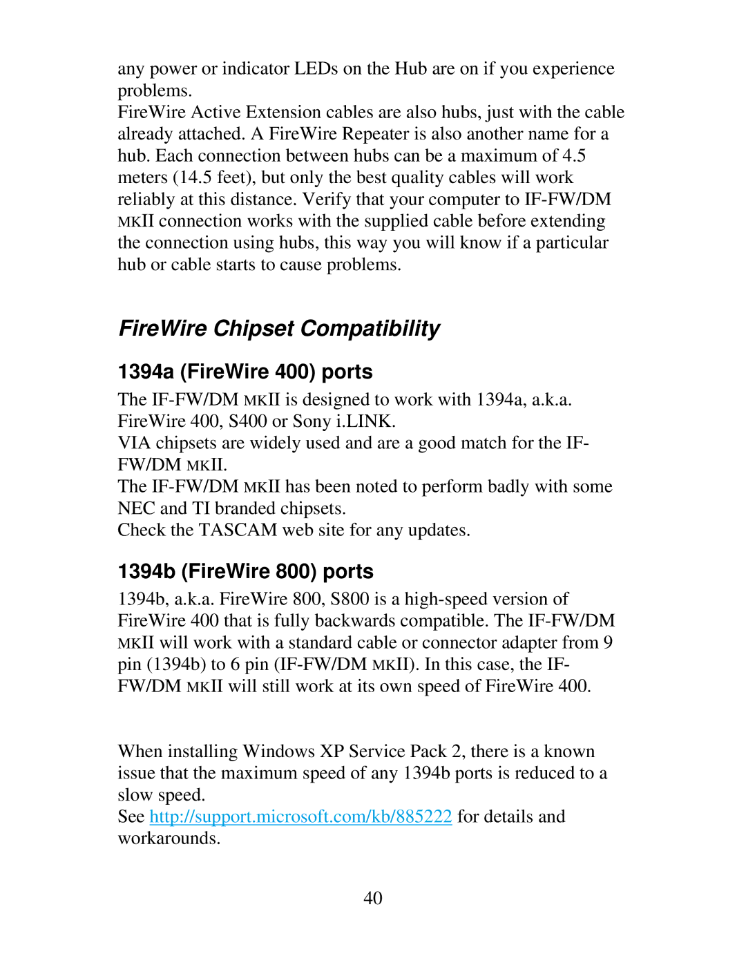 Tascam IF-DM, IF-FW owner manual FireWire Chipset Compatibility, 1394a FireWire 400 ports, 1394b FireWire 800 ports 