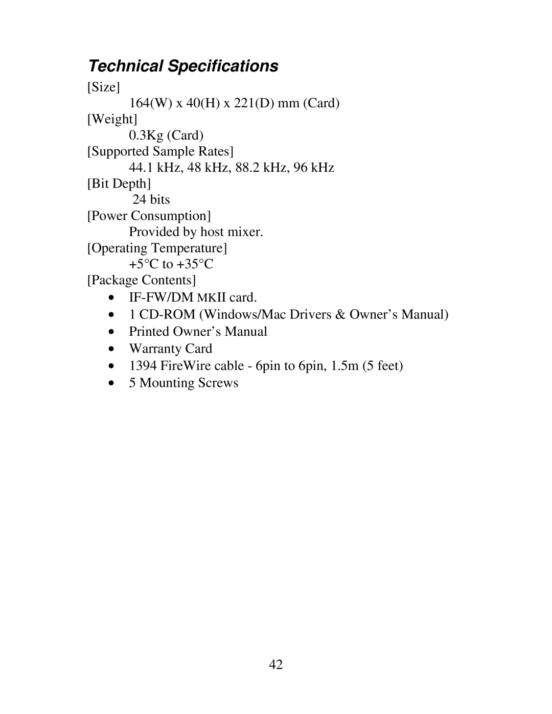 Tascam IF-DM, IF-FW owner manual Technical Specifications 