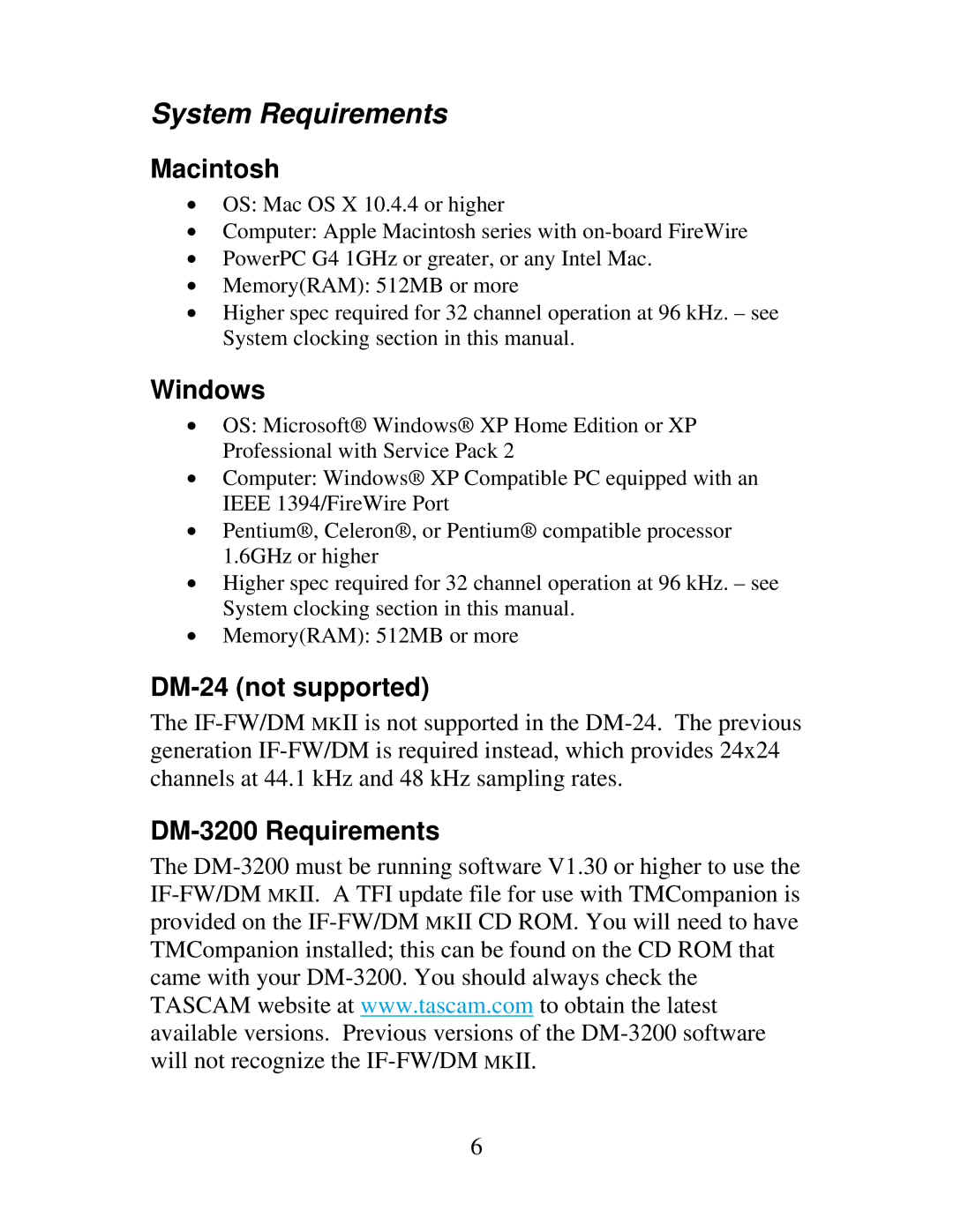 Tascam IF-DM, IF-FW owner manual System Requirements, Macintosh, Windows, DM-24 not supported, DM-3200 Requirements 