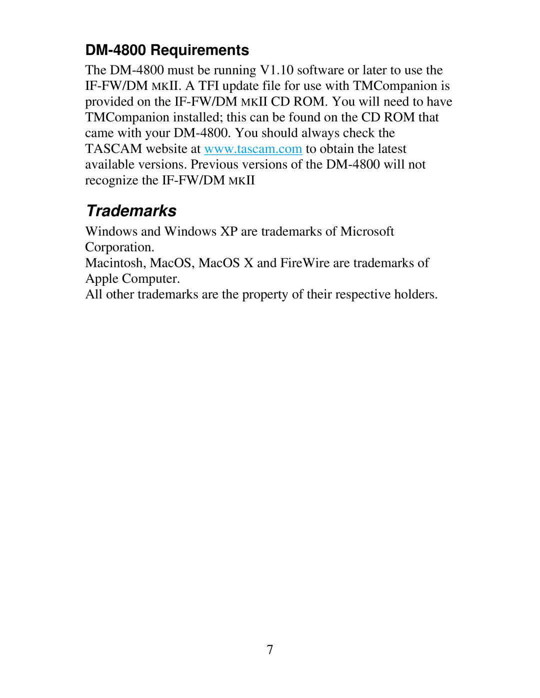 Tascam IF-FW, IF-DM owner manual Trademarks, DM-4800 Requirements 