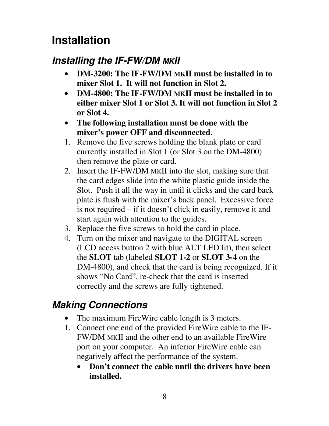 Tascam IF-DM owner manual Installation, Installing the IF-FW/DM Mkii, Making Connections 