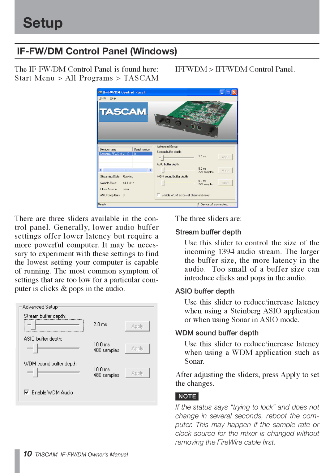 Tascam owner manual IF-FW/DM Control Panel Windows 