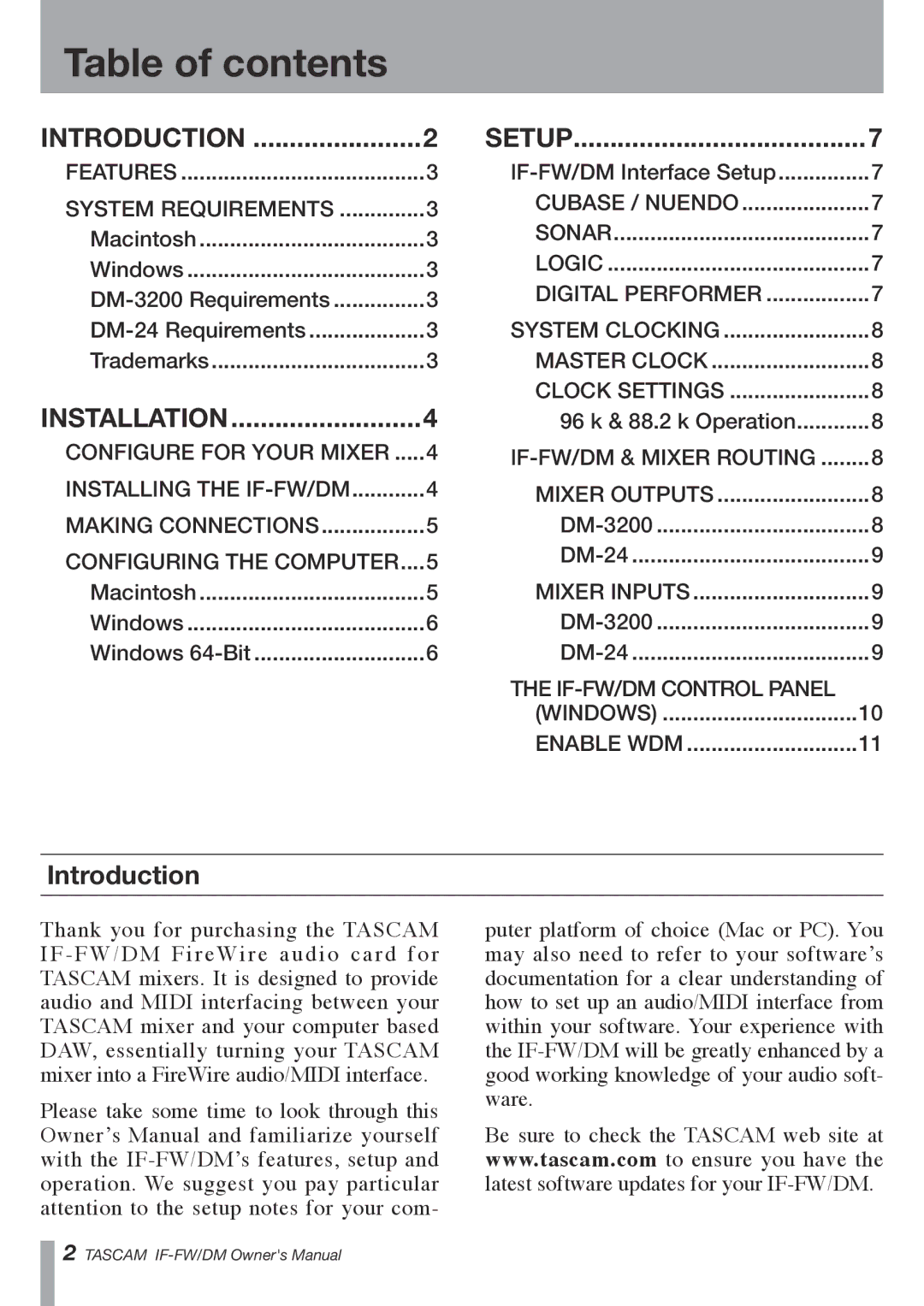 Tascam IF-FW/DM owner manual Table of contents 