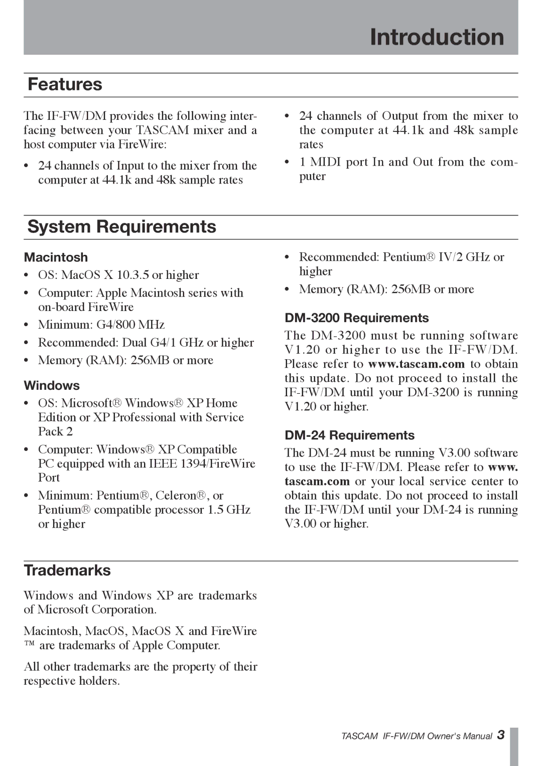 Tascam IF-FW/DM owner manual Introduction, Features, System Requirements, Trademarks 