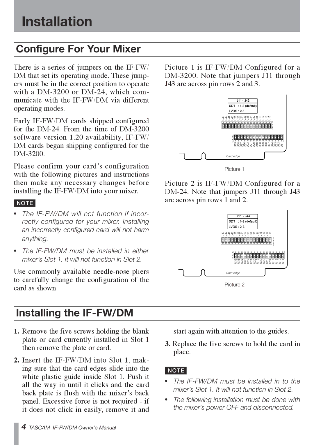 Tascam owner manual Installation, Configure For Your Mixer, Installing the IF-FW/DM 