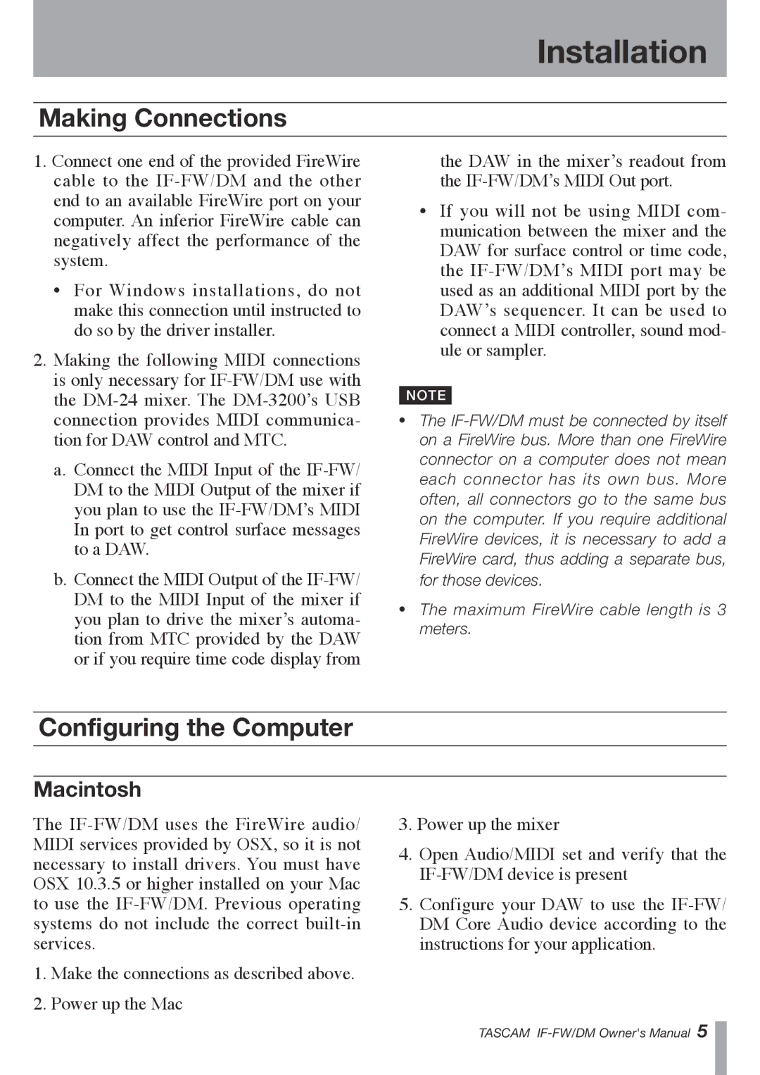 Tascam IF-FW/DM owner manual Making Connections, Configuring the Computer, Macintosh 