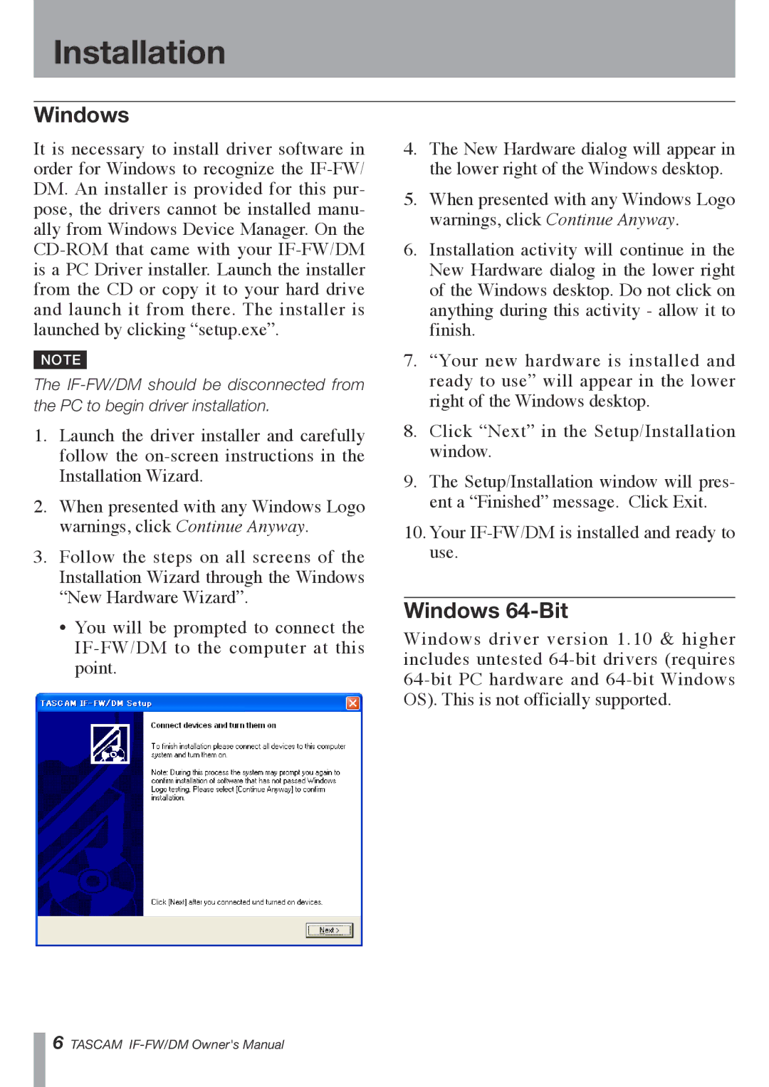 Tascam IF-FW/DM owner manual Windows 64-Bit 