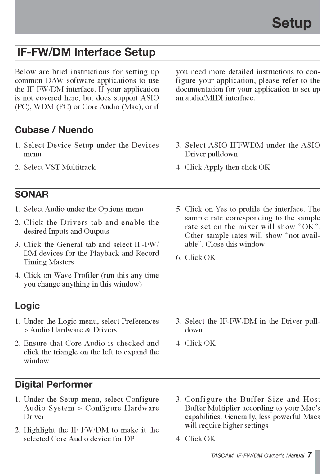 Tascam owner manual IF-FW/DM Interface Setup, Cubase / Nuendo, Logic, Digital Performer 