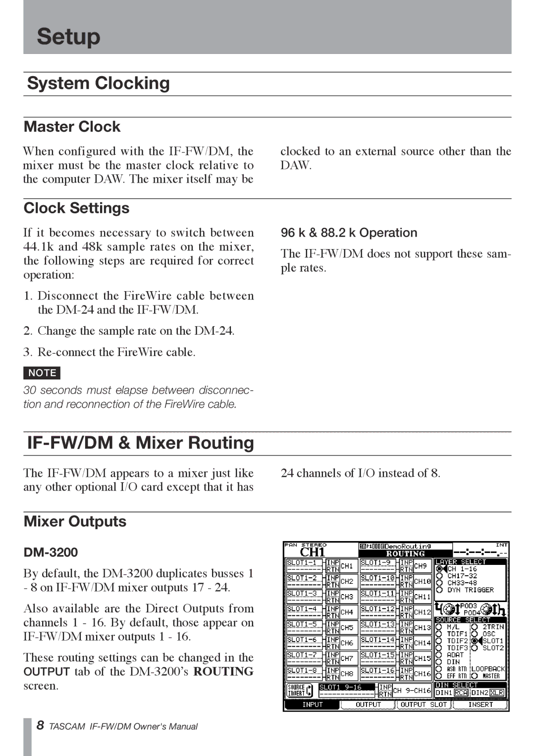 Tascam owner manual System Clocking, IF-FW/DM & Mixer Routing, Master Clock, Clock Settings, Mixer Outputs 