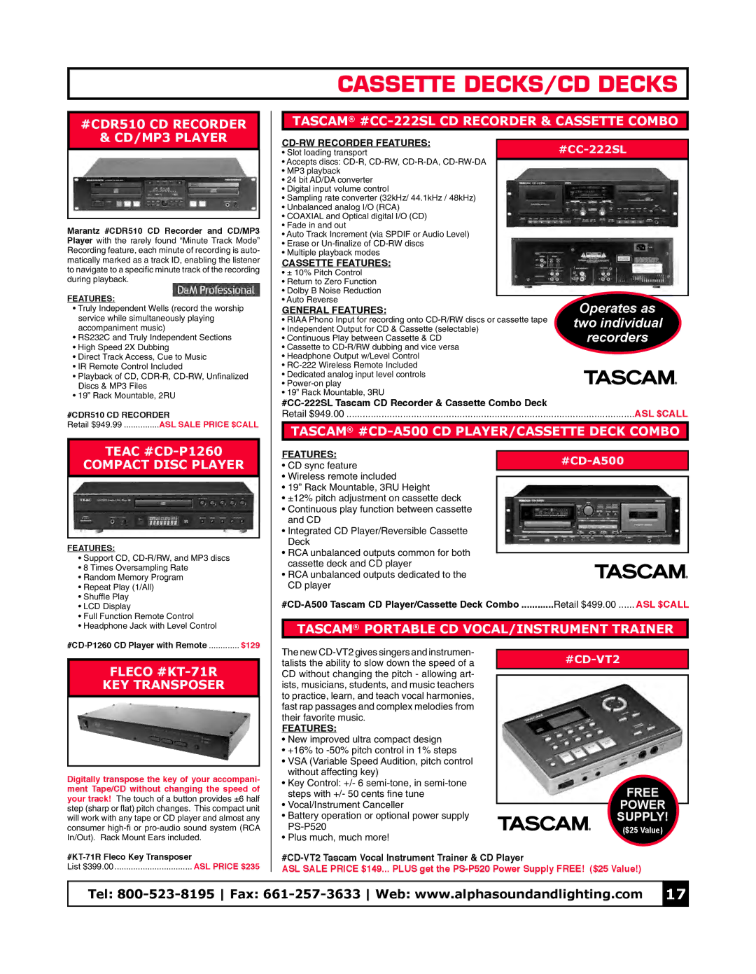 Tascam CD-VT2, KT-71R, CD-P1260, CDR510 manual Cassette DECKS/CD Decks 