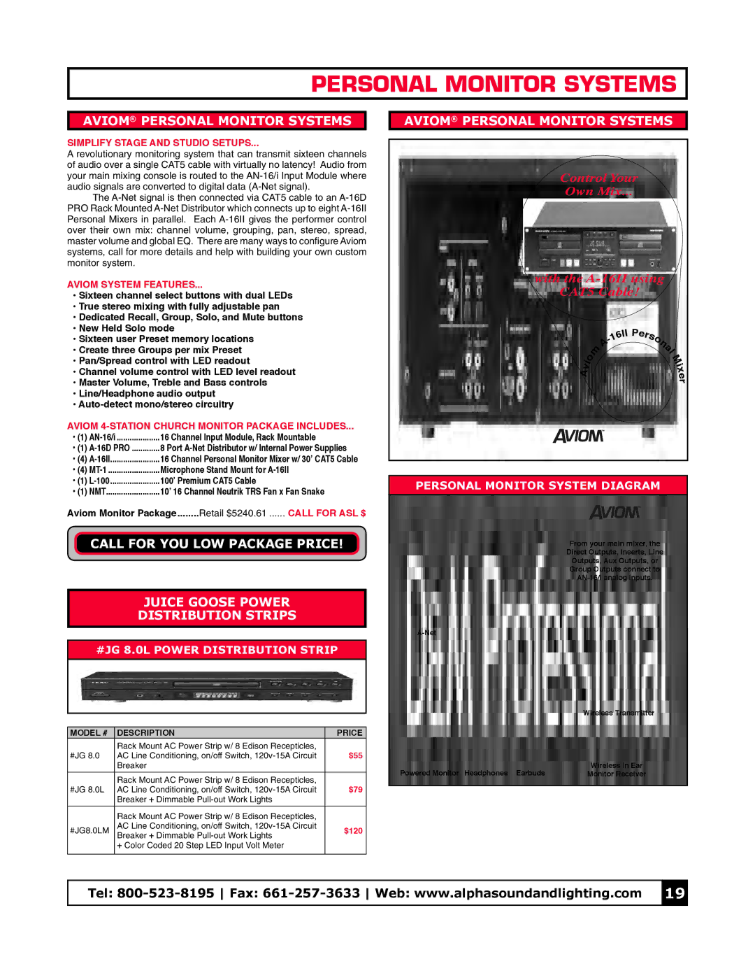 Tascam CDR510 manual Aviom Personal Monitor Systems, #JG 8.0L Power Distribution Strip, Personal Monitor System Diagram 