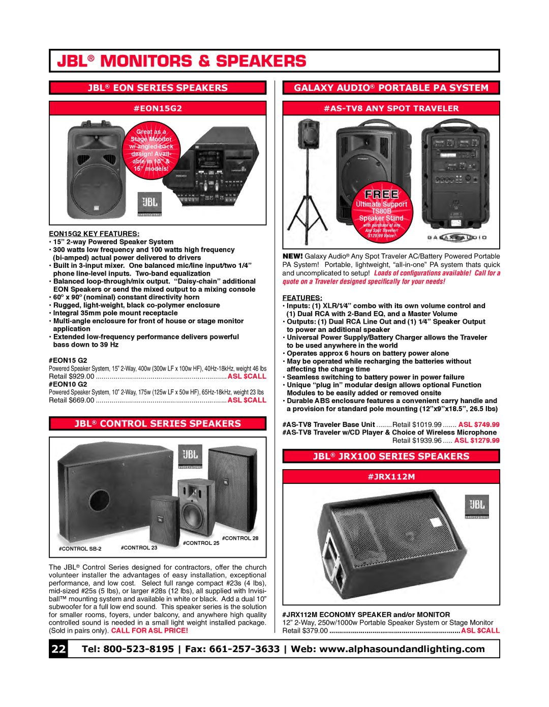 Tascam CD-P1260 JBL Monitors & Speakers, JBL EON Series Speakers, JBL Control Series Speakers, JBL JRX100 Series Speakers 