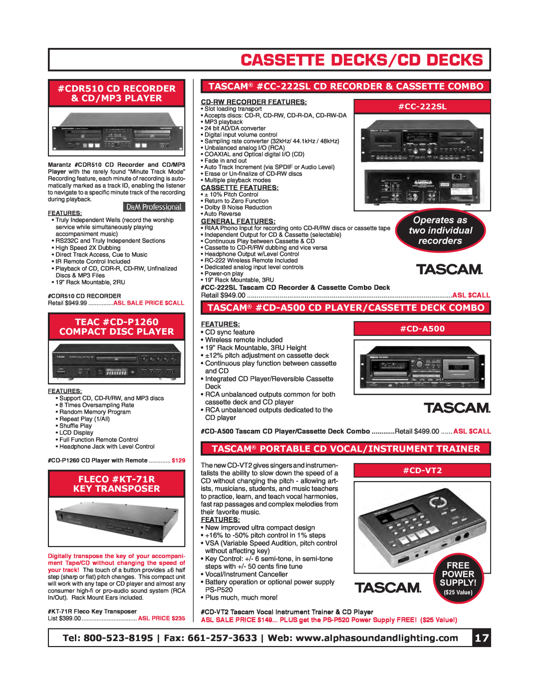 Tascam CD-VT2 manual Cassette Decks/Cd Decks, #CDR510 CD RECORDER CD/MP3 PLAYER, TEAC #CD-P1260 COMPACT DISC PLAYER 