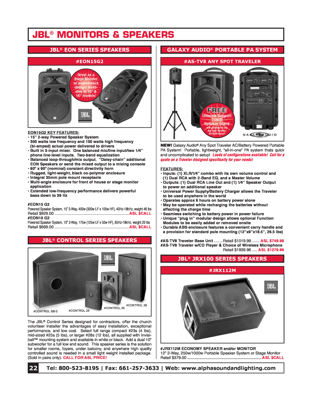 Tascam CD-P1260 Jbl Monitors & Speakers, Jbl Eon Series Speakers, Jbl Control Series Speakers, JBL JRX100 SERIES SPEAKERS 