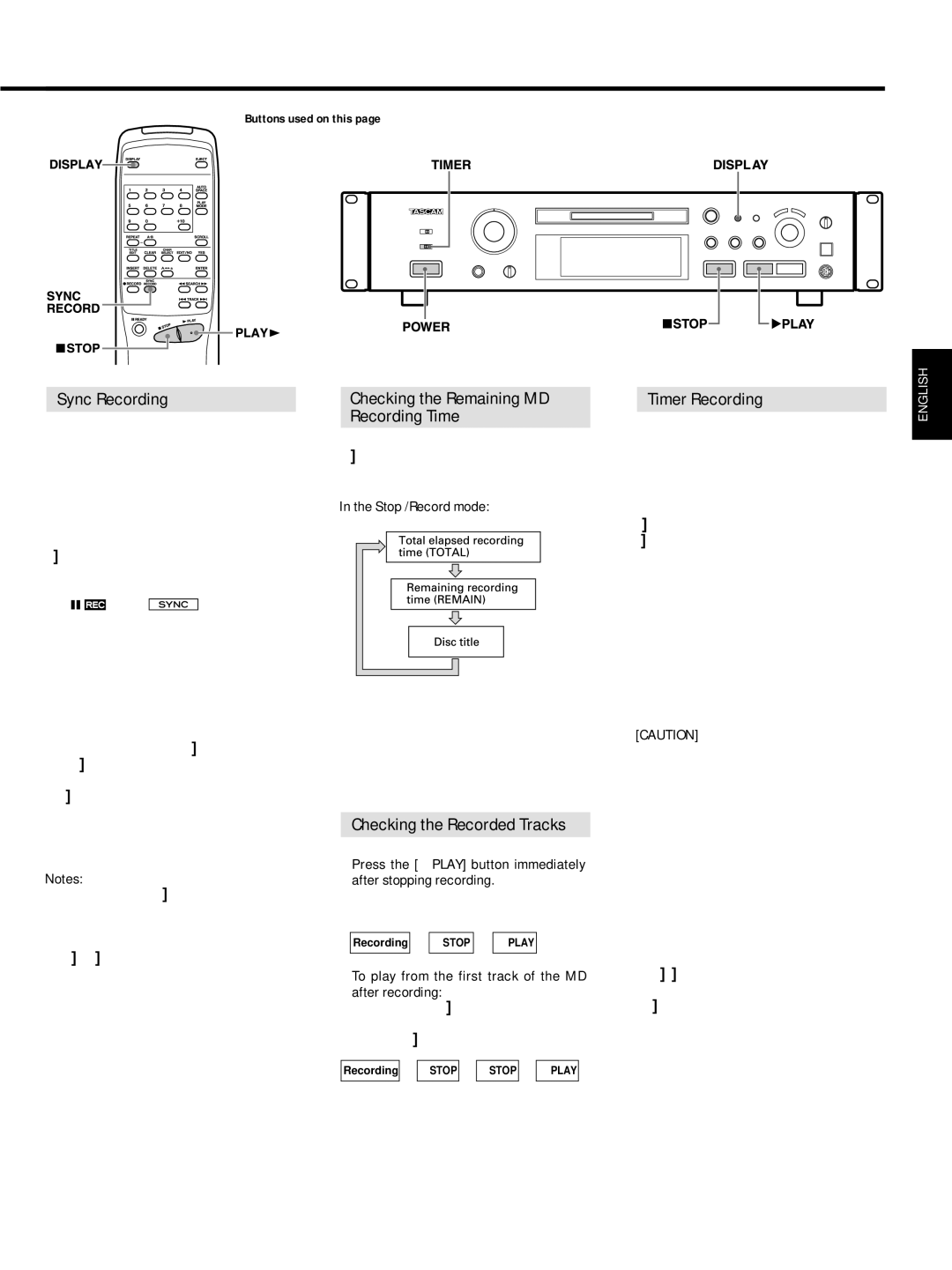 Tascam MD-301mkII Sync Recording, Checking the Remaining MD Recording Time, Checking the Recorded Tracks, Timer Recording 