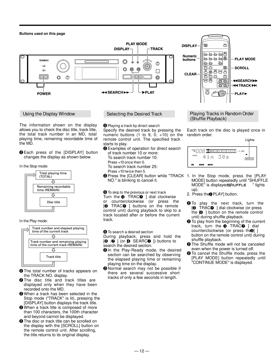 Tascam MD-301mkII user service Useful Tips for Playback, Using the Display Window, Selecting the Desired Track 