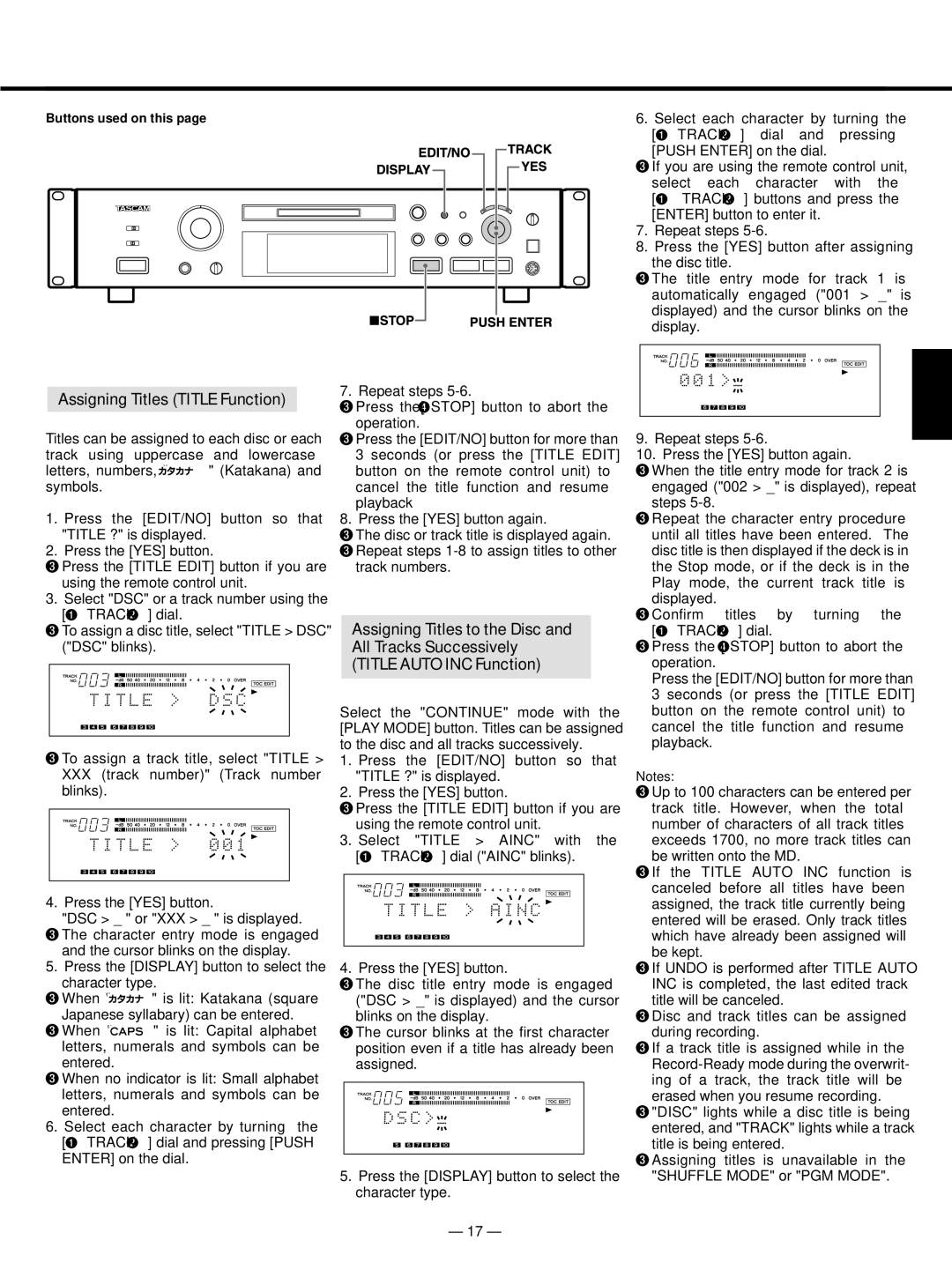 Tascam MD-301mkII user service Assigning Titles Title Function, Press the Display button to select the character type 