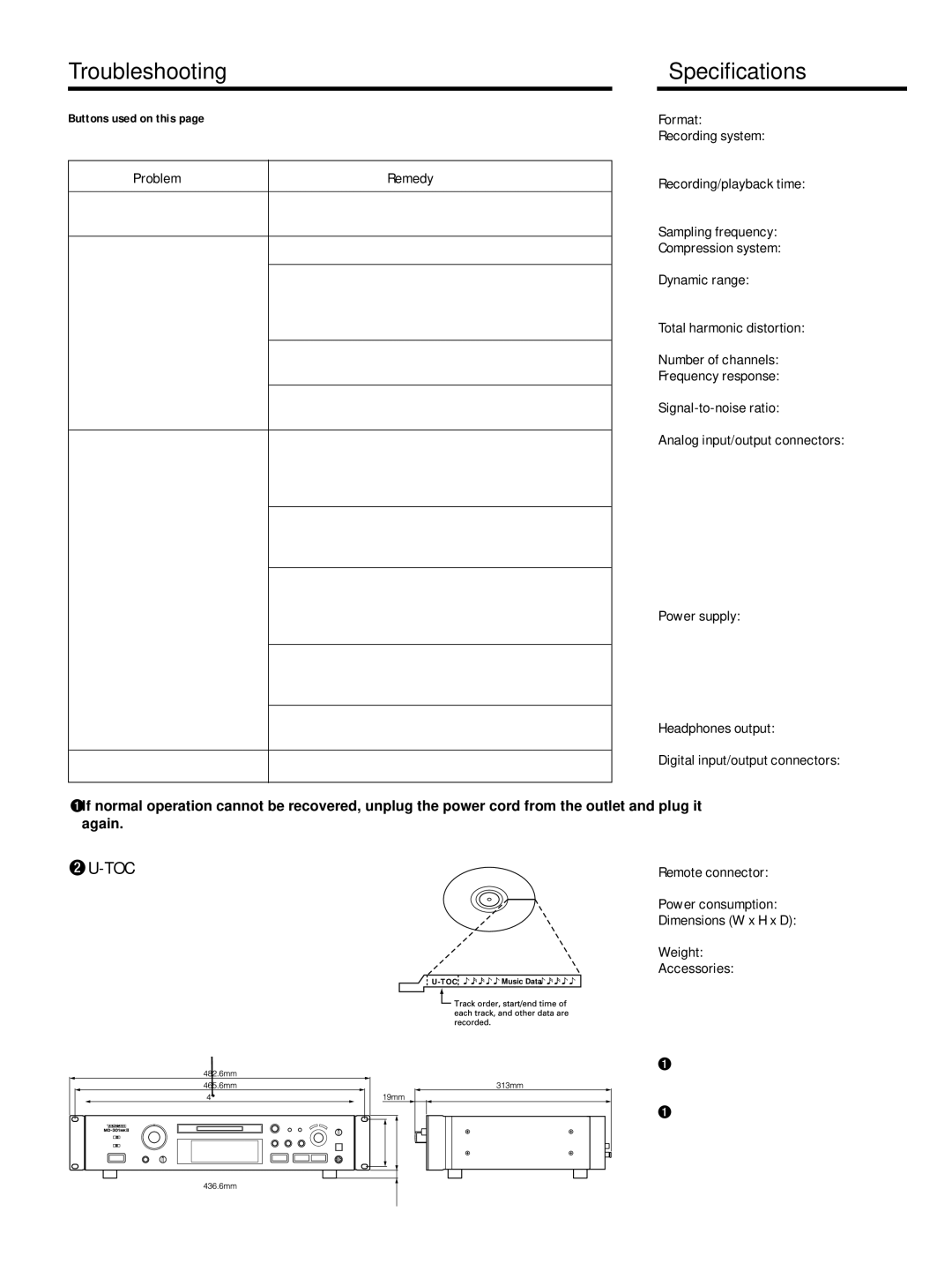 Tascam MD-301mkII user service Troubleshooting, Specifications, Toc 