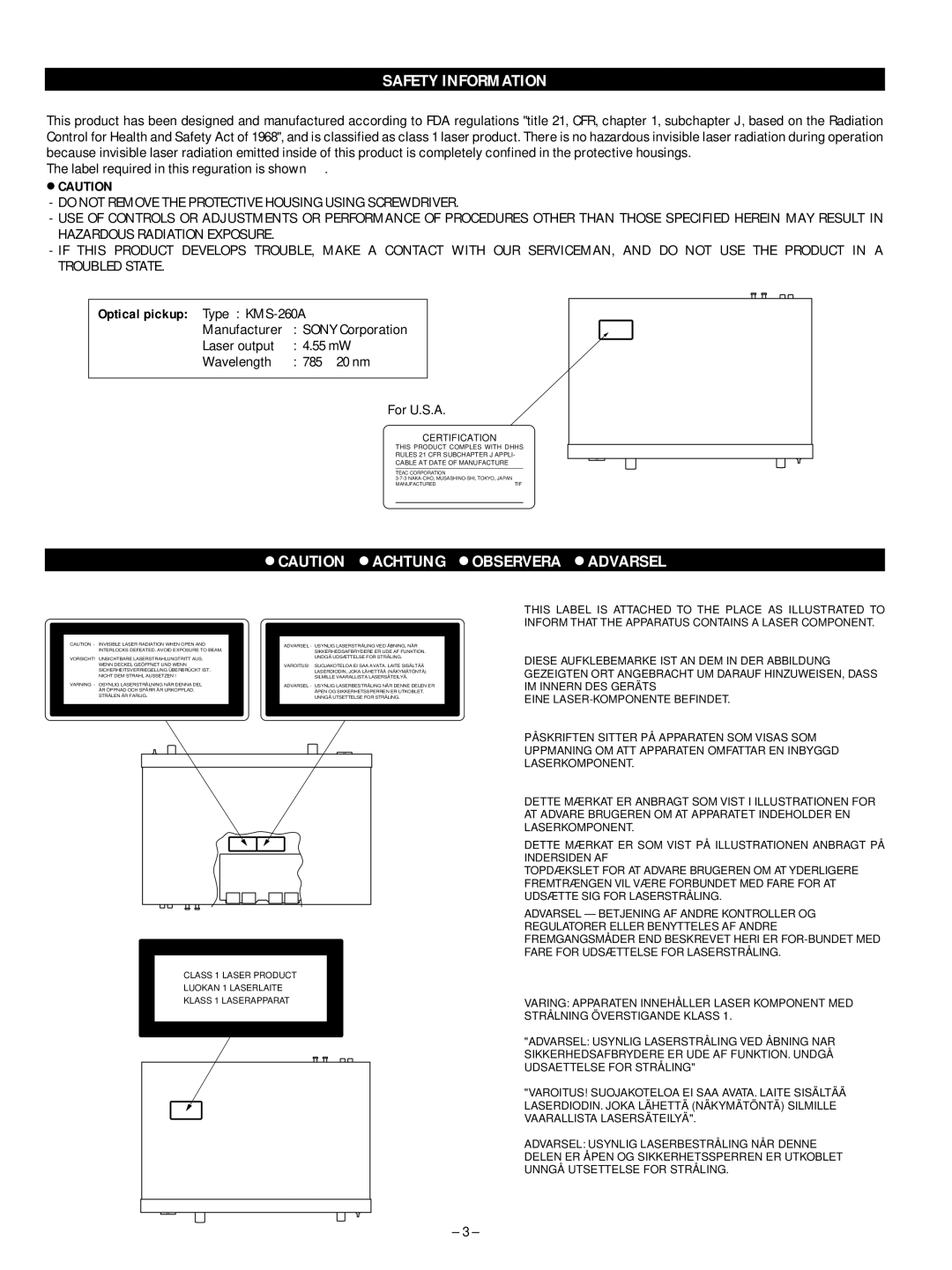 Tascam MD-301mkII user service Label required in this reguration is shown, Optical pickup Type KMS-260A, Manufacturer 