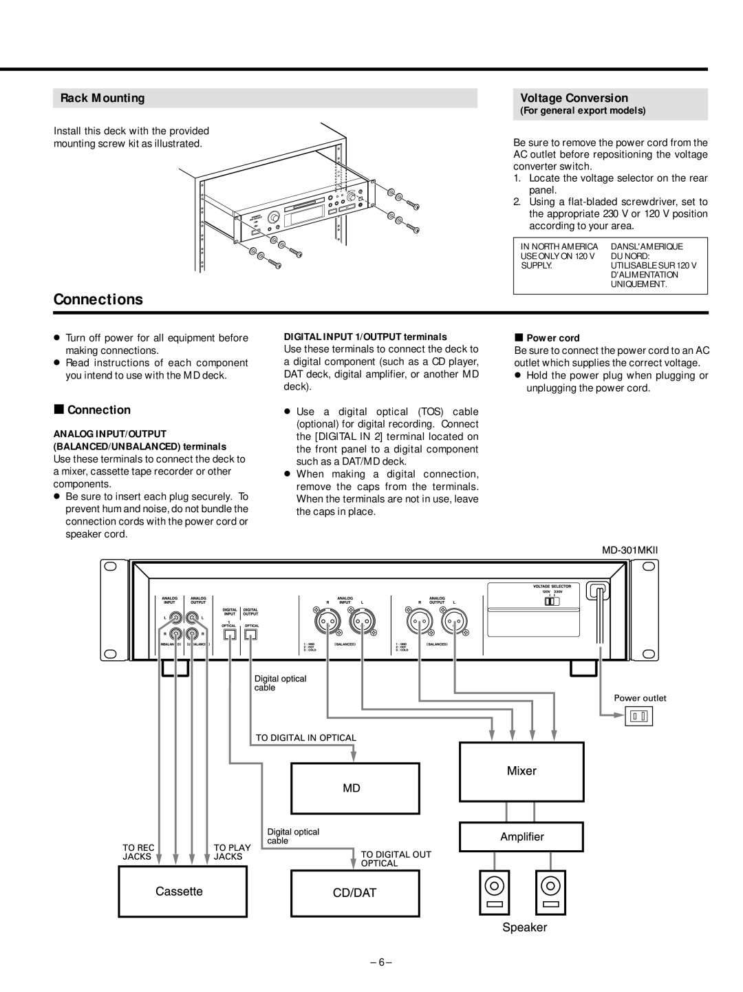 Tascam MD-301mkII user service Connections, Rack Mounting, Voltage Conversion 