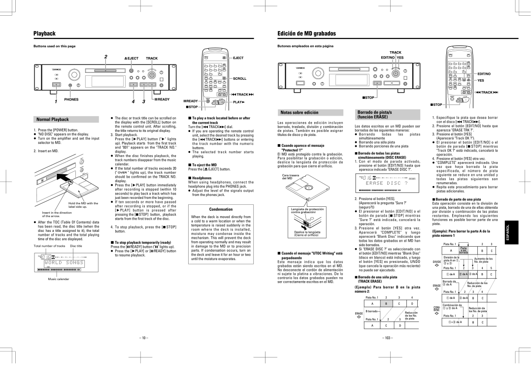 Tascam MD-350 Edición de MD grabados, Notas sobre edición Borrado de pista/s Normal Playback, Función Erase 