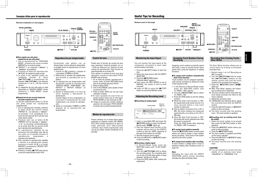 Tascam MD-350 Useful Tips for Recording, Consejos útiles para la reproducción, Recording Over Write, Modos de reproducción 