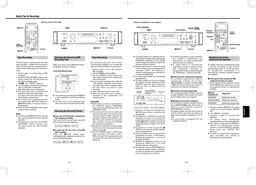 Tascam MD-350 Useful Tips for Recording, Sync Recording, Checking the Remaining MD Recording Time, Timer Recording 