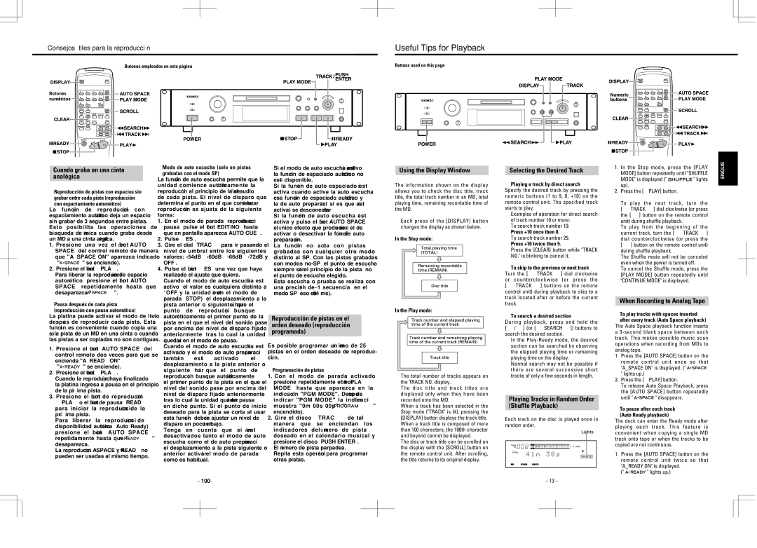 Tascam MD-350 user service Useful Tips for Playback, Cuando graba en una cinta analógica, Using the Display Window 