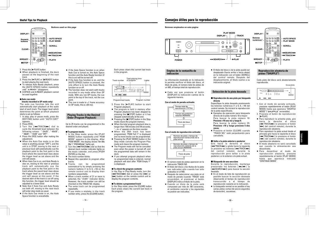 Tascam MD-350 Consejos útiles para la reproducción, Useful Tips for Playback, Reproducción aleatoria de, Pistas Shuffle 