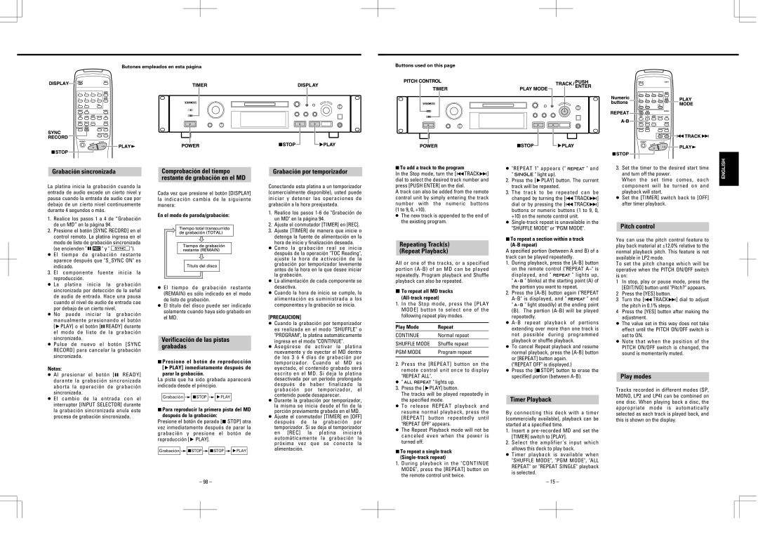 Tascam MD-350 Grabación sincronizada, Verificación de las pistas grabadas, Grabación por temporizador, Timer Playback 