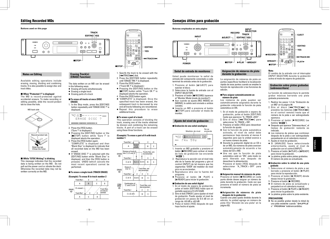 Tascam MD-350 user service Editing Recorded MDs, Consejos útiles para grabación 