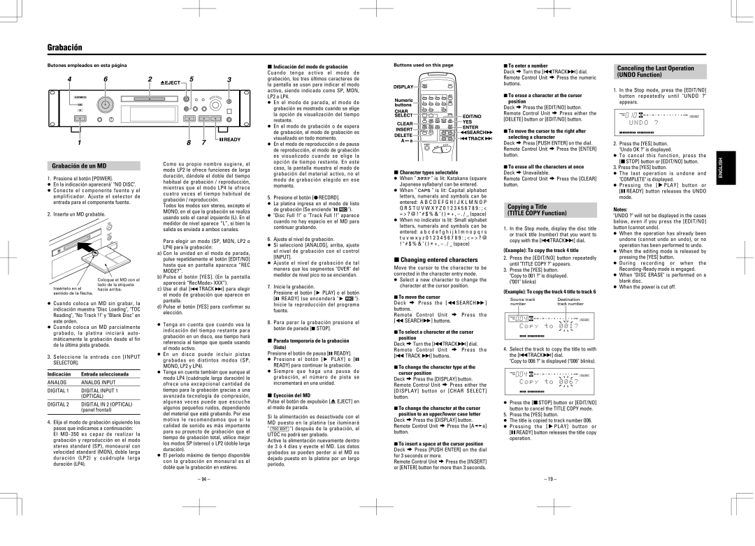 Tascam MD-350 user service Grabación de un MD, Changing entered characters, Copying a Title Title Copy Function 